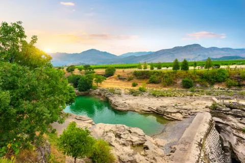 Dry waterfall at sunset Stock Photos