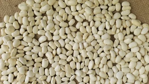 Dry white beans rotating slowly onto burlap fabric Stock Footage 336464228