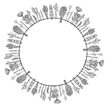 Dry witch herbs boho circle ornament. Vector isolated illlustration 스톡 일러스트