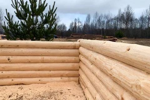 Drying and assembly of wooden log house at a construction base. Stock Photos