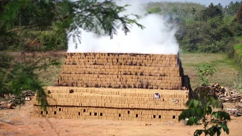 Drying and burning of bricks made of clay with fire wood Stock Footage 198005975