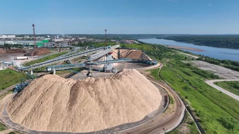 Drying and storage of wood chips in piles. General view of the paper mill Stockbeeldmateriaal 321667949