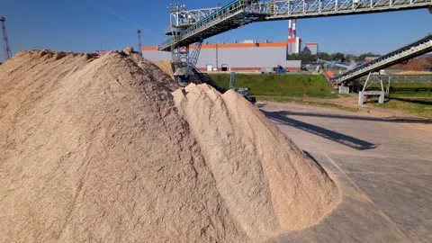 Drying and storage of wood chips in piles. General view of the paper mill. Stock Footage 321671263