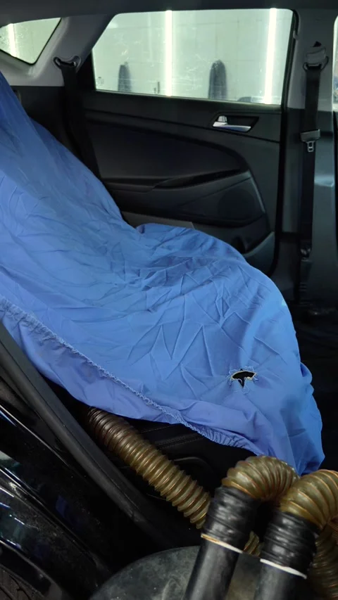 Drying car seats after dry cleaning. car interior dry cleaner, detailing studio, Stock Footage 328581276