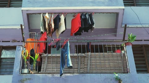 Drying clothes on the balcony in the center of Kuala Lumpur Video stock 94589993