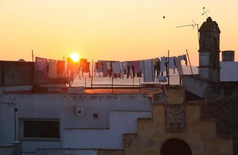 Drying clothes on sunset in Arcos de la Frontera in Andalusia in Spain 스톡 사진