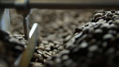 Drying, coffee, beans after roasting, close-up, roaster, side view Stock Footage 129782805