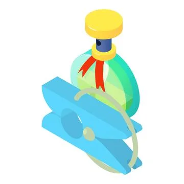 Drying laundry icon isometric vector. Blue plastic clothespin and perfume bottle Illustration