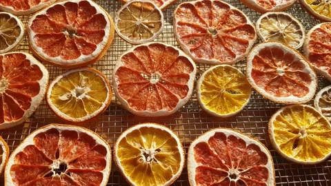 Drying lemons, oranges and grapefruits in a solar dryer. Dried fruit production Stock Footage 158235770
