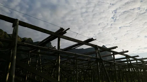 Drying Rack Timber Frames Under Cloudy Sky in Norway Lofoten Stock Footage 340013981