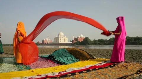 Drying saris, Taj Mahal, Agra, India (model released) Stock Footage