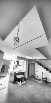 Drywall ceiling under construction, ready for led strips illumination Stock Photos