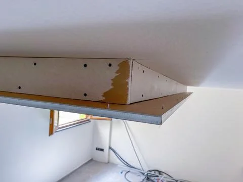 Drywall ceiling under construction, ready for led strips illumination Stock Photos
