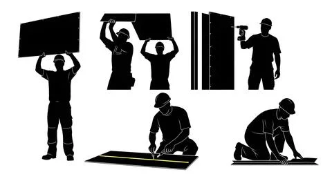 Drywall Installation Worker Silhouettes Stock Illustration