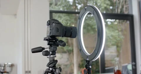 DSLR camera and LED ring light are being adjusted by off-screen operator for Stock Footage 340655141