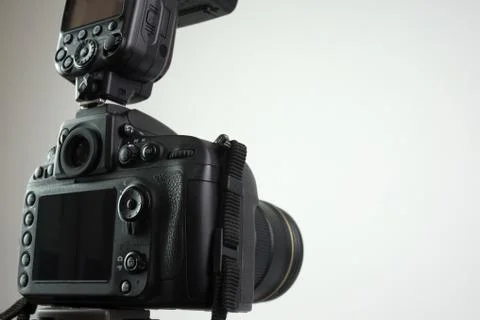 Dslr camera with external flash Stock Photos