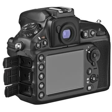 DSLR camera, LCD display, lids open Stock-Illustration