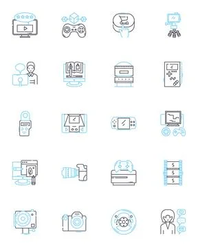 DSLR camera linear icons set. Shutter, Lens, Sensor, Resolution, Autofocus, ISO Stock Illustration