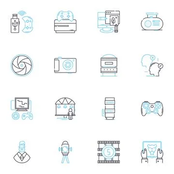 DSLR camera linear icons set. Shutter, Lens, Sensor, Resolution, Autofocus, ISO Stock Illustration