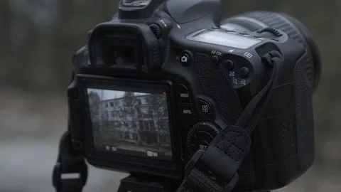 DSLR camera makes a shot at Pripyat, Chernobyl zone. Stock Footage 109624336