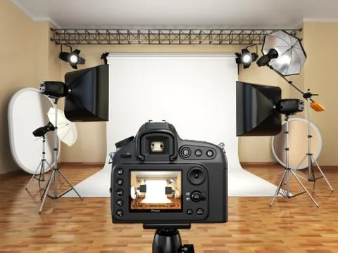 Dslr camera in photo studio with lighting equipment, softbox and flashes. Stock Illustration