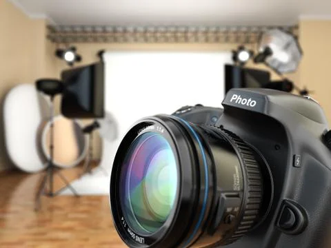 Dslr camera in photo studio with lighting equipment, softbox and flashes. Stock Illustration