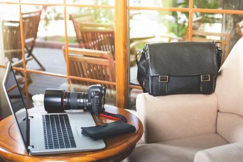 Dslr camera at the table Stock Photos