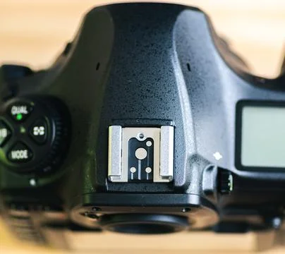 Dslr camera top view, close up Hotshoe mount. Stock Photos