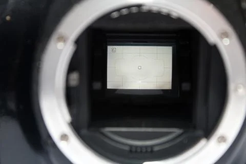 Dslr digital camera without body cap showing the mirror and camera sensor 写真素材