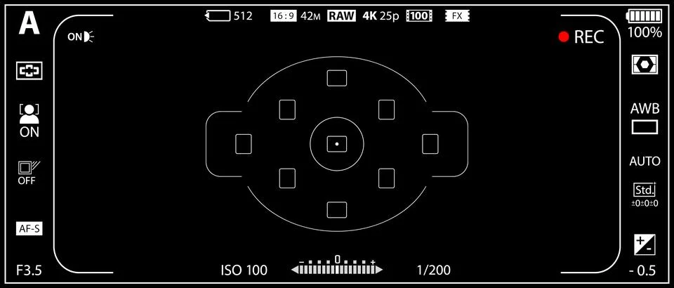DSLR mirrorless camera rec overlay isolated on black bg. 21:9 recorder cam Stock Illustration