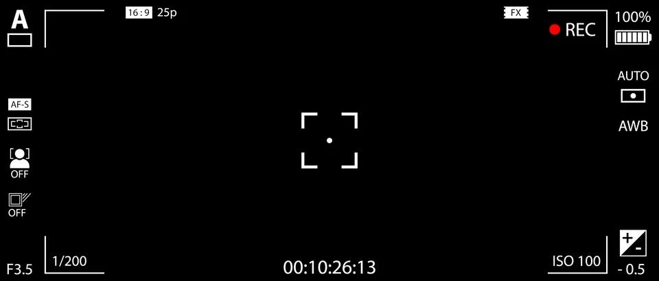 DSLR mirrorless camera rec overlay isolated on black bg. 21:9 recorder cam Stock Illustration