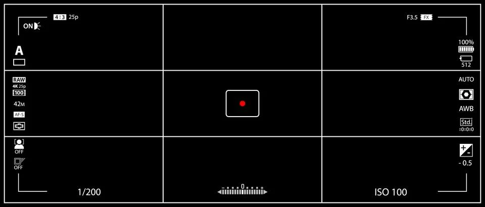 DSLR mirrorless camera rec overlay isolated on black bg. 21:9 recorder cam Stock Illustration