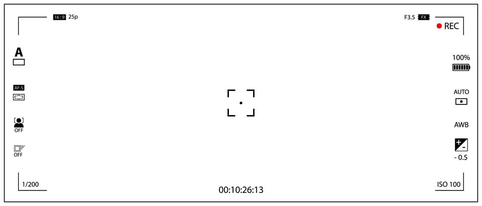 DSLR mirrorless camera rec overlay isolated on transparent bg. 21:9 recorder cam Stock Illustration