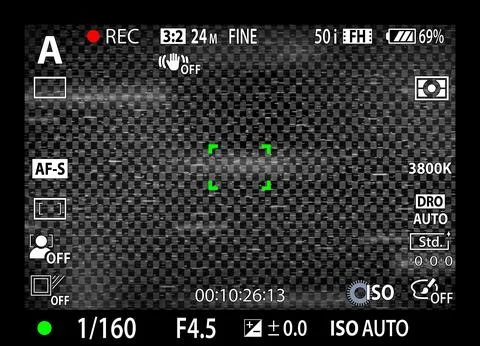 DSLR mirrorless camera rec overlay. Recorder cam display frame. Video or photo Stock Illustration