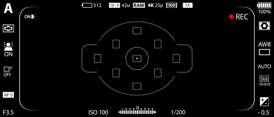 DSLR mirrorless camera rec overlay isolated on black bg. 21:9 recorder cam Stock Illustration