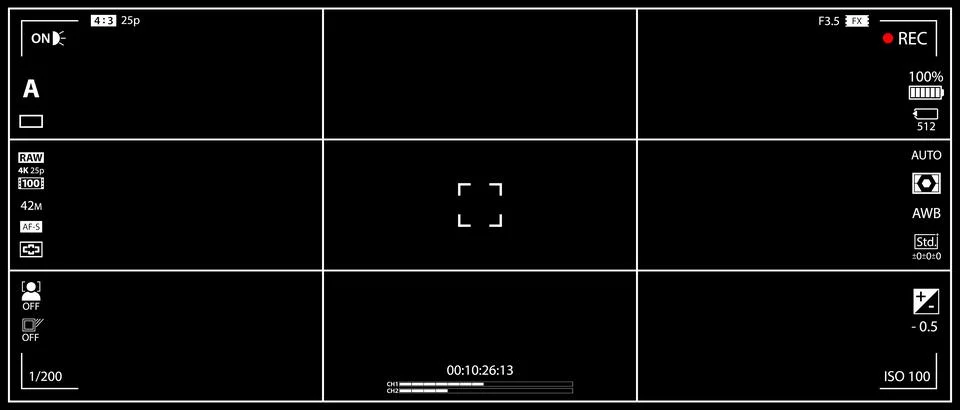 DSLR mirrorless camera rec overlay isolated on black bg. 21:9 recorder cam Ilustración de archivo