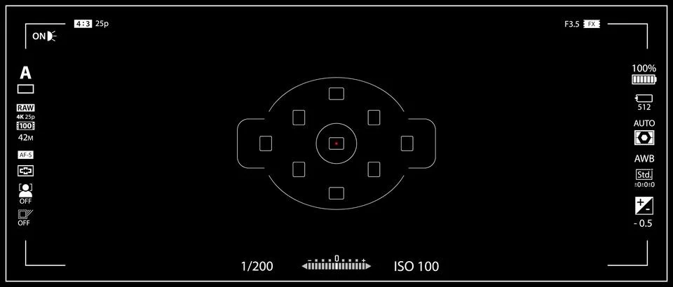 DSLR mirrorless camera rec overlay isolated on black bg. 21:9 recorder cam Stock Illustration