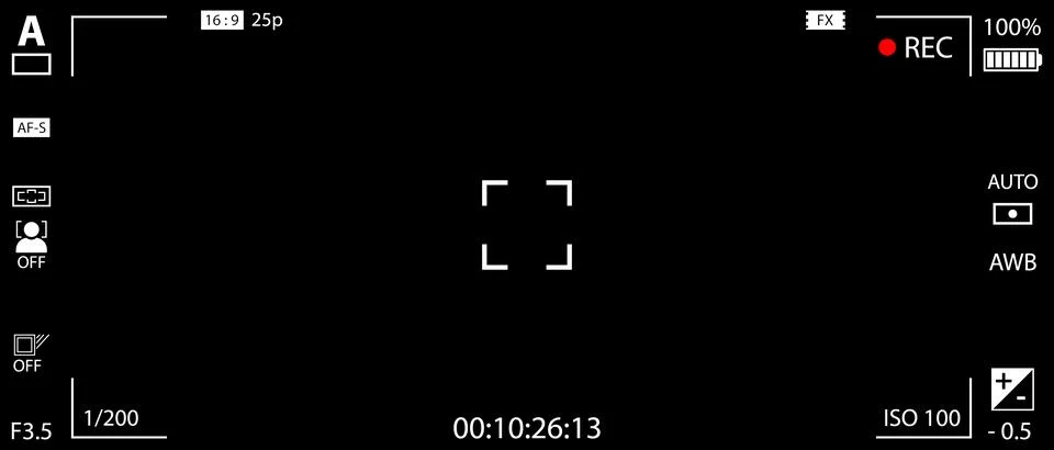DSLR mirrorless camera rec overlay isolated on black bg. 21:9 recorder cam イラスト素材