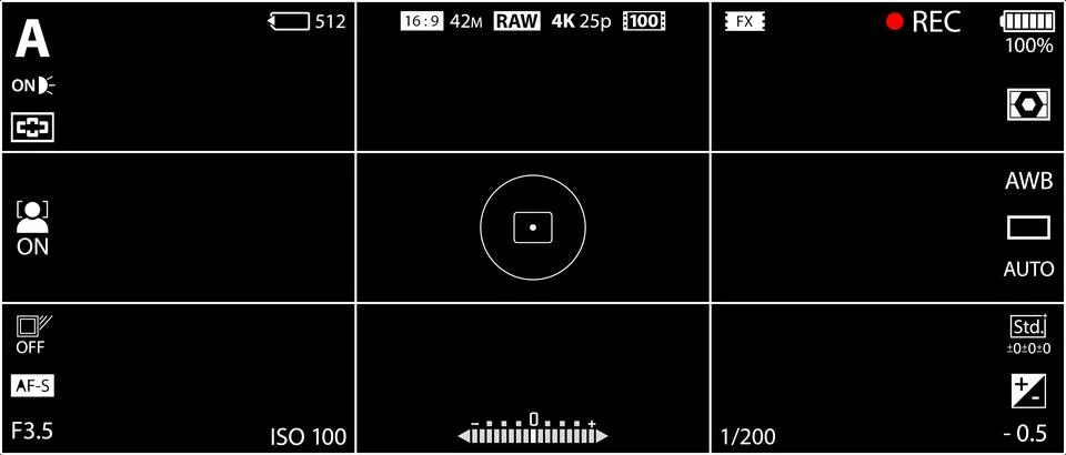 DSLR mirrorless camera rec overlay isolated on black bg. 21:9 recorder cam Stock Illustration