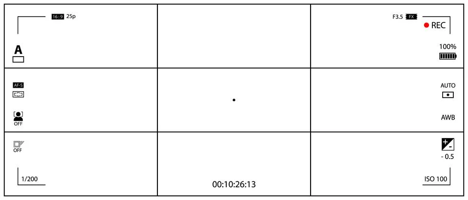 DSLR mirrorless camera rec overlay isolated on transparent bg. 21:9 recorder cam Stock Illustration