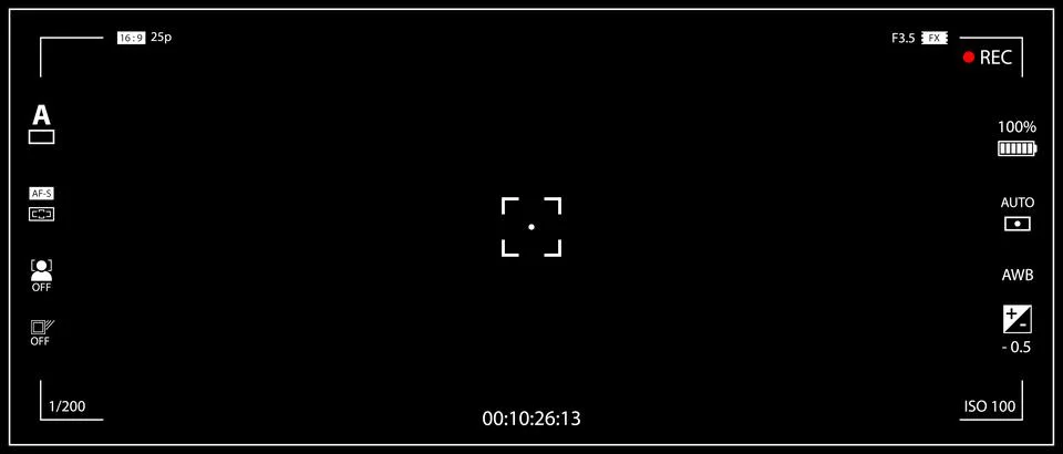 DSLR mirrorless camera rec overlay isolated on black bg. 21:9 recorder cam Stock Illustration