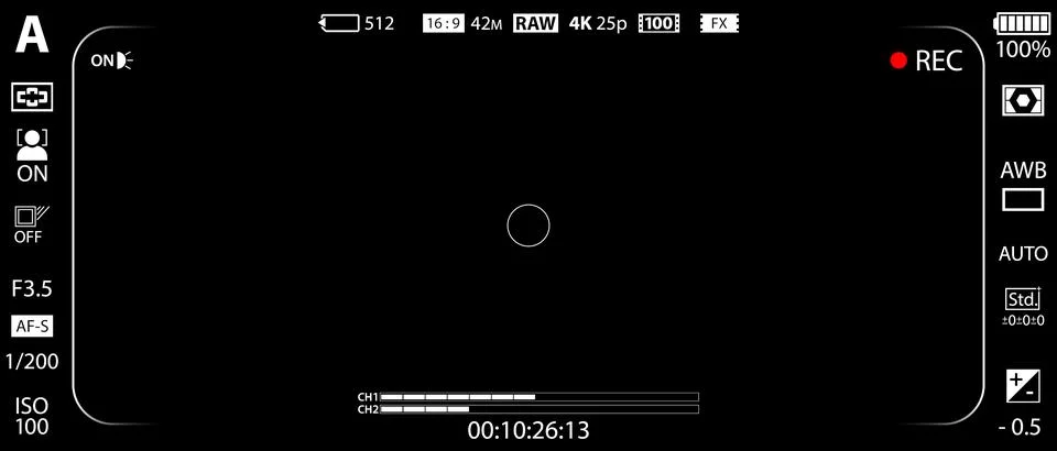 DSLR mirrorless camera rec overlay isolated on black bg. 21:9 recorder cam Stock Illustration