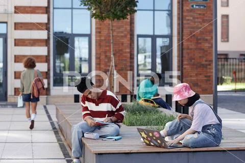 DStudents doing homework outdoors in park on college campus ~ Premium ...