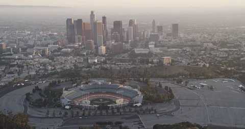DTLA and Dodgers Stadium Sunset Stock Footage 77764018
