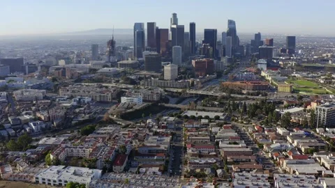 DTLA from Echo Lake near Dodger Stadium Drone Aerial View Los Angeles California Stock Footage 335297329