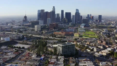 DTLA from Echo Lake near Dodger Stadium Drone Aerial View Los Angeles California Stock Footage 335297357