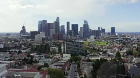DTLA from Echo Lake near Dodger Stadium Drone Aerial View Los Angeles California Stock Footage 335299437