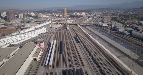 DTLA train tracks and LA River Stock Footage 77702767