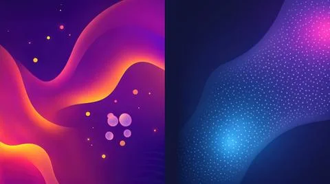 Dual Abstract Fluid Gradient Wave Purple Orange Blue Glowing Background Stock Illustration