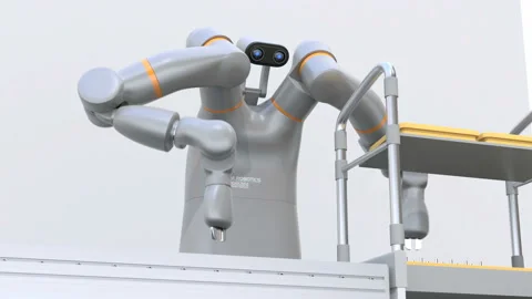 Dual-arm robot assembly printed circuit boards in cell-production space Stock Footage 114411468